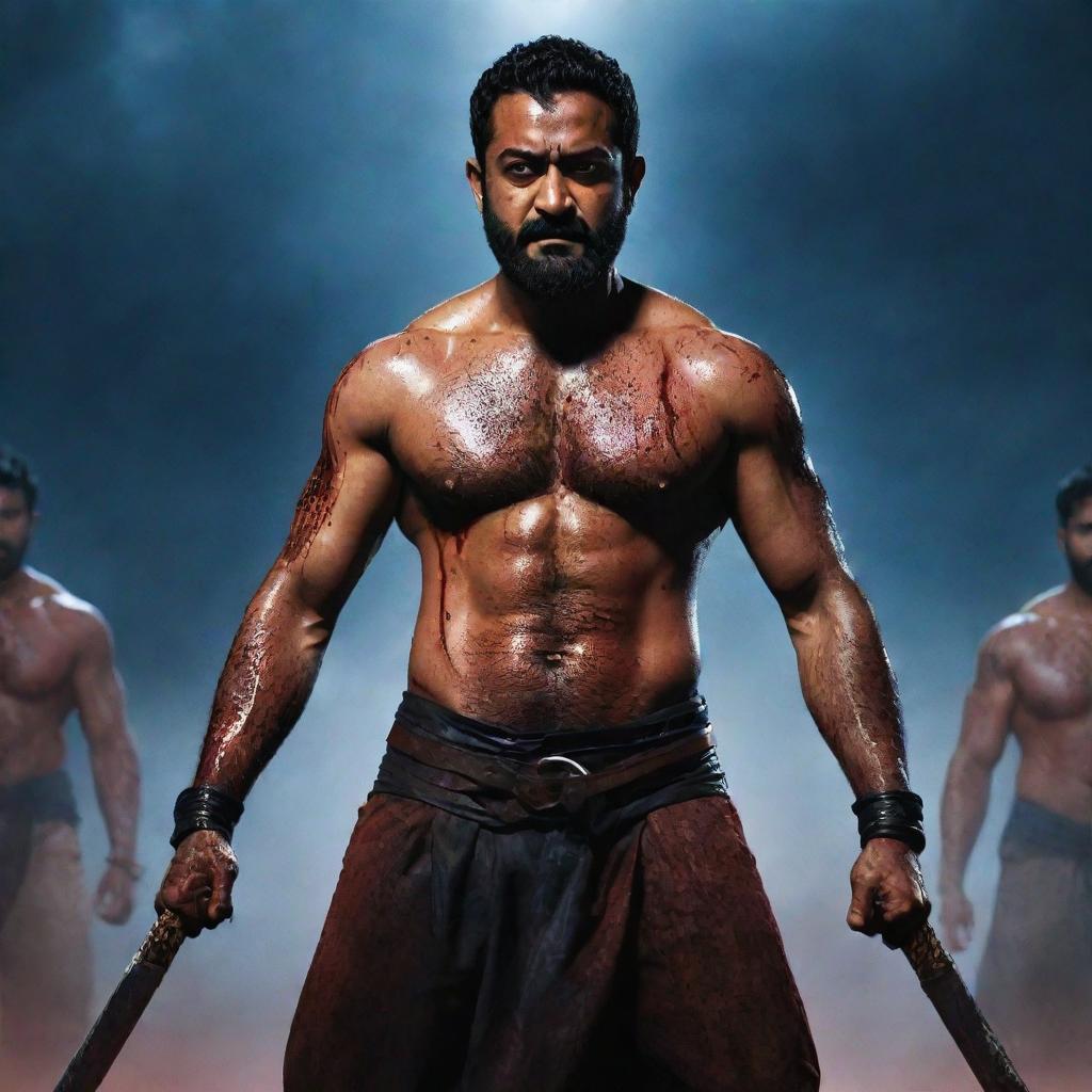 An ultra-defined eight pack, muscular Indian actor Jr NTR, with a serious look and full beard, body covered in blood, wielding two big katanas. Ground covered in fallen enemies and a bloodbath under a dark blue sky full of thunder and lightning, lit by a large moon.