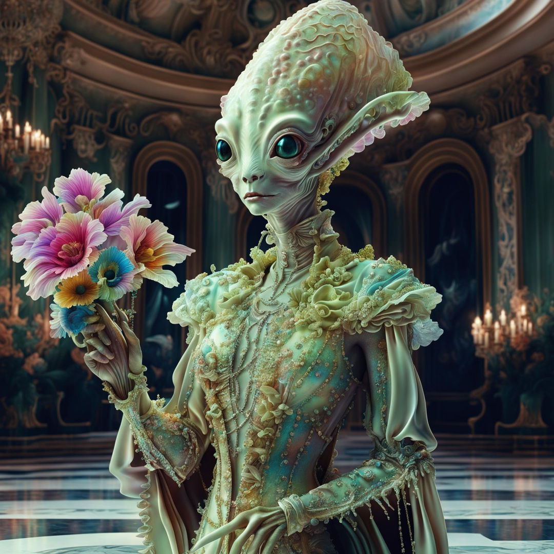 Hyper-realistic digital art of a Rococo-inspired scene featuring an iridescent alien in extravagant attire, standing in a grand hall adorned with exotic flowers.