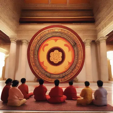 During the spiritual ceremony, the worshippers formed a centripetal circle in the temple, symbolizing their connection to the divine center.