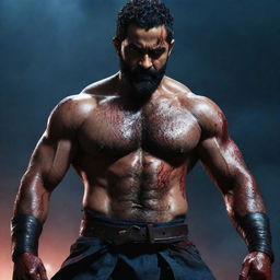 A highly muscular, veiny Jr NTR with an eight-pack, serious expression, and full beard. He is blood-soaked, wielding two large katanas, standing in a battlefield full of fallen enemies and bathed in blood. The backdrop is a dark blue sky full of thunder, lightning and a large moon.