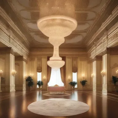 The grand chandelier hanging in the center of the ballroom creates a sense of centripetal elegance, attracting attention towards its radiant beauty.