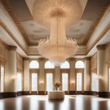 The grand chandelier hanging in the center of the ballroom creates a sense of centripetal elegance, attracting attention towards its radiant beauty.