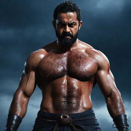 A highly muscular, veiny Jr NTR with an eight-pack, serious expression, and full beard. He is blood-soaked, wielding two large katanas, standing in a battlefield full of fallen enemies and bathed in blood. The backdrop is a dark blue sky full of thunder, lightning and a large moon.