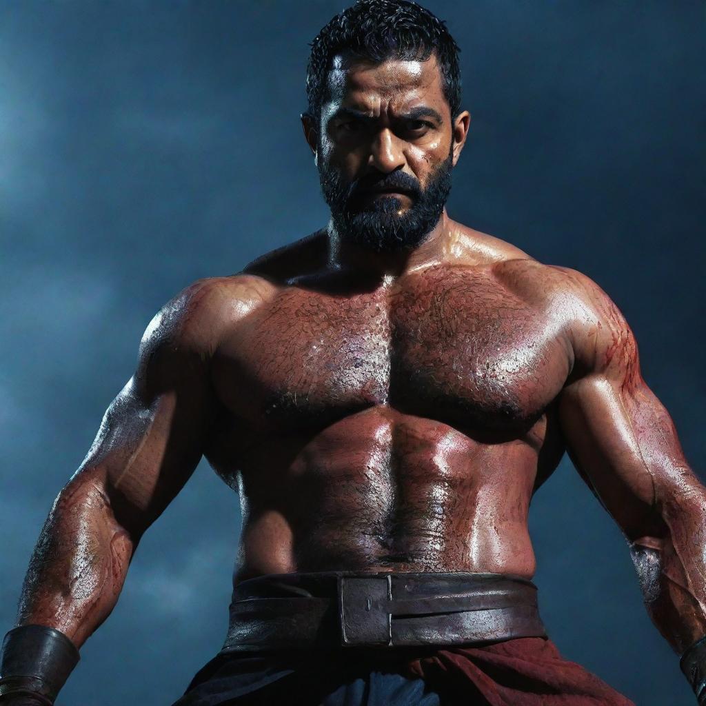 A highly muscular, veiny Jr NTR with an eight-pack, serious expression, and full beard. He is blood-soaked, wielding two large katanas, standing in a battlefield full of fallen enemies and bathed in blood. The backdrop is a dark blue sky full of thunder, lightning and a large moon.