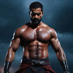 A highly muscular, veiny Jr NTR with an eight-pack, serious expression, and full beard. He is blood-soaked, wielding two large katanas, standing in a battlefield full of fallen enemies and bathed in blood. The backdrop is a dark blue sky full of thunder, lightning and a large moon.