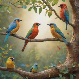 An idyllic morning scene showcasing a variety of vibrant birds perched on ancient tree branches. Their songs permeate the air and mingle with the gentle rays of sunlight that highlight the detailed mosaic of leaves and feathers.