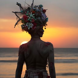 Back view of a zombie adorned in a floral headpiece, observing a sunset on a serene beach.