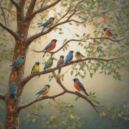 An idyllic morning scene showcasing a variety of vibrant birds perched on ancient tree branches. Their songs permeate the air and mingle with the gentle rays of sunlight that highlight the detailed mosaic of leaves and feathers.