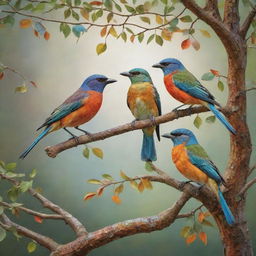 An idyllic morning scene showcasing a variety of vibrant birds perched on ancient tree branches. Their songs permeate the air and mingle with the gentle rays of sunlight that highlight the detailed mosaic of leaves and feathers.