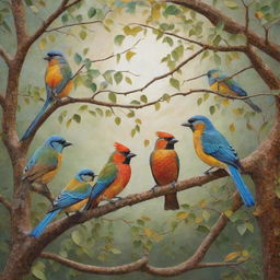 An idyllic morning scene showcasing a variety of vibrant birds perched on ancient tree branches. Their songs permeate the air and mingle with the gentle rays of sunlight that highlight the detailed mosaic of leaves and feathers.