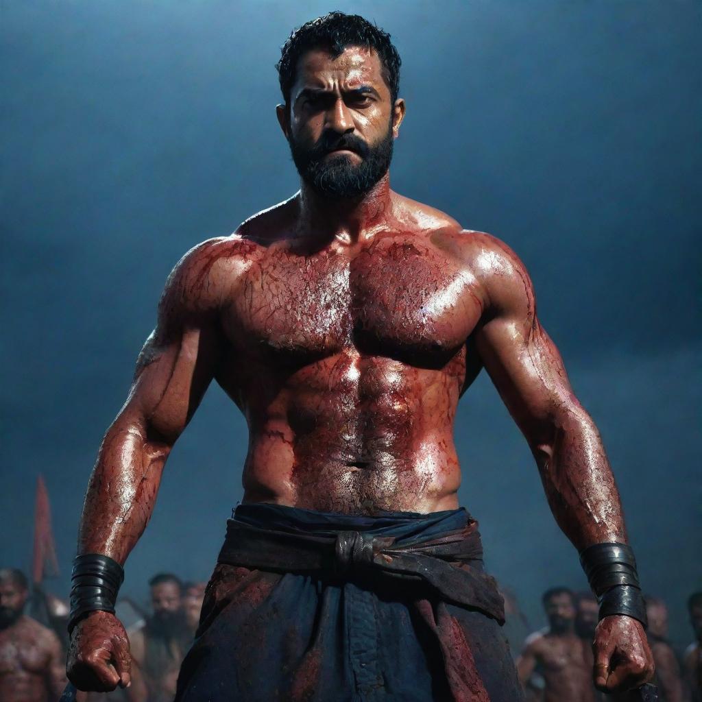 Wide-angle shot of a muscular, veiny Jr NTR with an eight-pack, serious expression, full beard, covered in blood, holding two large katanas amidst a battlefield littered with fallen enemies and bathed in blood. The setting is under a dark blue sky, filled with thunder, lightning, highlighted by a large moon.