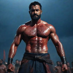 Wide-angle shot of a muscular, veiny Jr NTR with an eight-pack, serious expression, full beard, covered in blood, holding two large katanas amidst a battlefield littered with fallen enemies and bathed in blood. The setting is under a dark blue sky, filled with thunder, lightning, highlighted by a large moon.