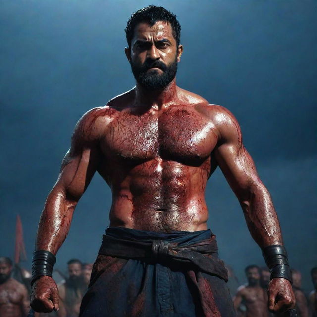 Wide-angle shot of a muscular, veiny Jr NTR with an eight-pack, serious expression, full beard, covered in blood, holding two large katanas amidst a battlefield littered with fallen enemies and bathed in blood. The setting is under a dark blue sky, filled with thunder, lightning, highlighted by a large moon.