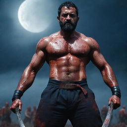 Wide-angle shot of a muscular, veiny Jr NTR with an eight-pack, serious expression, full beard, covered in blood, holding two large katanas amidst a battlefield littered with fallen enemies and bathed in blood. The setting is under a dark blue sky, filled with thunder, lightning, highlighted by a large moon.