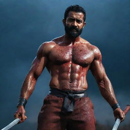 Wide-angle shot of a muscular, veiny Jr NTR with an eight-pack, serious expression, full beard, covered in blood, holding two large katanas amidst a battlefield littered with fallen enemies and bathed in blood. The setting is under a dark blue sky, filled with thunder, lightning, highlighted by a large moon.