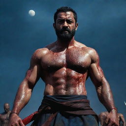 Wide-angle shot of a muscular, veiny Jr NTR with an eight-pack, serious expression, full beard, covered in blood, holding two large katanas amidst a battlefield littered with fallen enemies and bathed in blood. The setting is under a dark blue sky, filled with thunder, lightning, highlighted by a large moon.