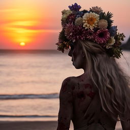 Back view of a zombie adorned in a floral headpiece, observing a sunset on a serene beach.