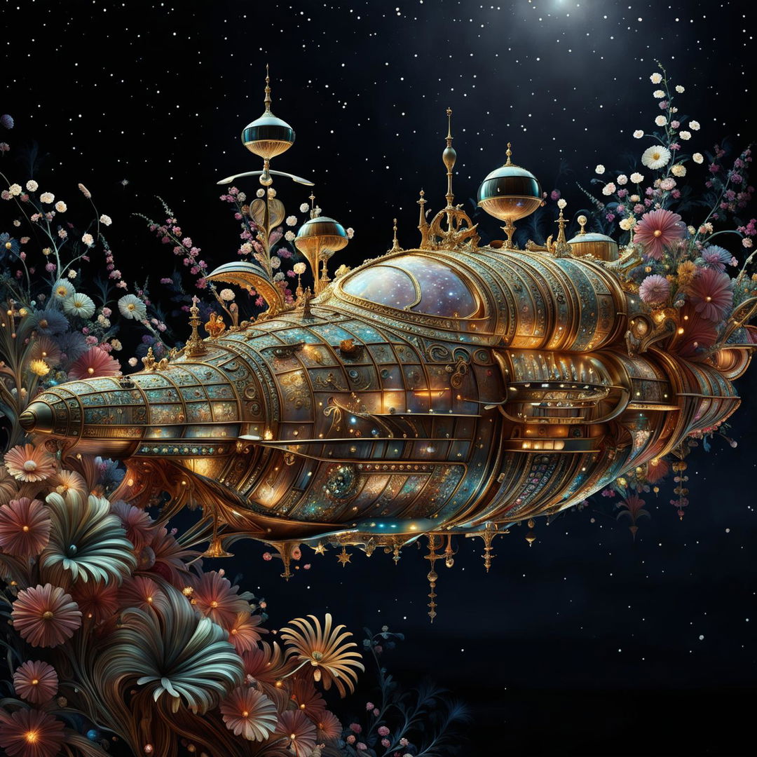 Hyper-realistic Rococo-style alien spaceship amidst a nebula of glowing alien flowers against a star-studded sky.