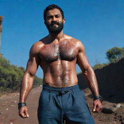 A wide-angle shot of a veiny, muscular Jr NTR stretching across a footpath littered with defeated enemies and drenched in blood. His eight-pack physique, serious look, full beard, and the wielding of two large katanas radiate power. The backdrop features a thunderous dark blue sky and a large moon.