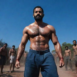 A wide-angle shot of a veiny, muscular Jr NTR stretching across a footpath littered with defeated enemies and drenched in blood. His eight-pack physique, serious look, full beard, and the wielding of two large katanas radiate power. The backdrop features a thunderous dark blue sky and a large moon.