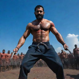 A wide-angle shot of a veiny, muscular Jr NTR stretching across a footpath littered with defeated enemies and drenched in blood. His eight-pack physique, serious look, full beard, and the wielding of two large katanas radiate power. The backdrop features a thunderous dark blue sky and a large moon.