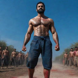 A wide-angle shot of a veiny, muscular Jr NTR stretching across a footpath littered with defeated enemies and drenched in blood. His eight-pack physique, serious look, full beard, and the wielding of two large katanas radiate power. The backdrop features a thunderous dark blue sky and a large moon.