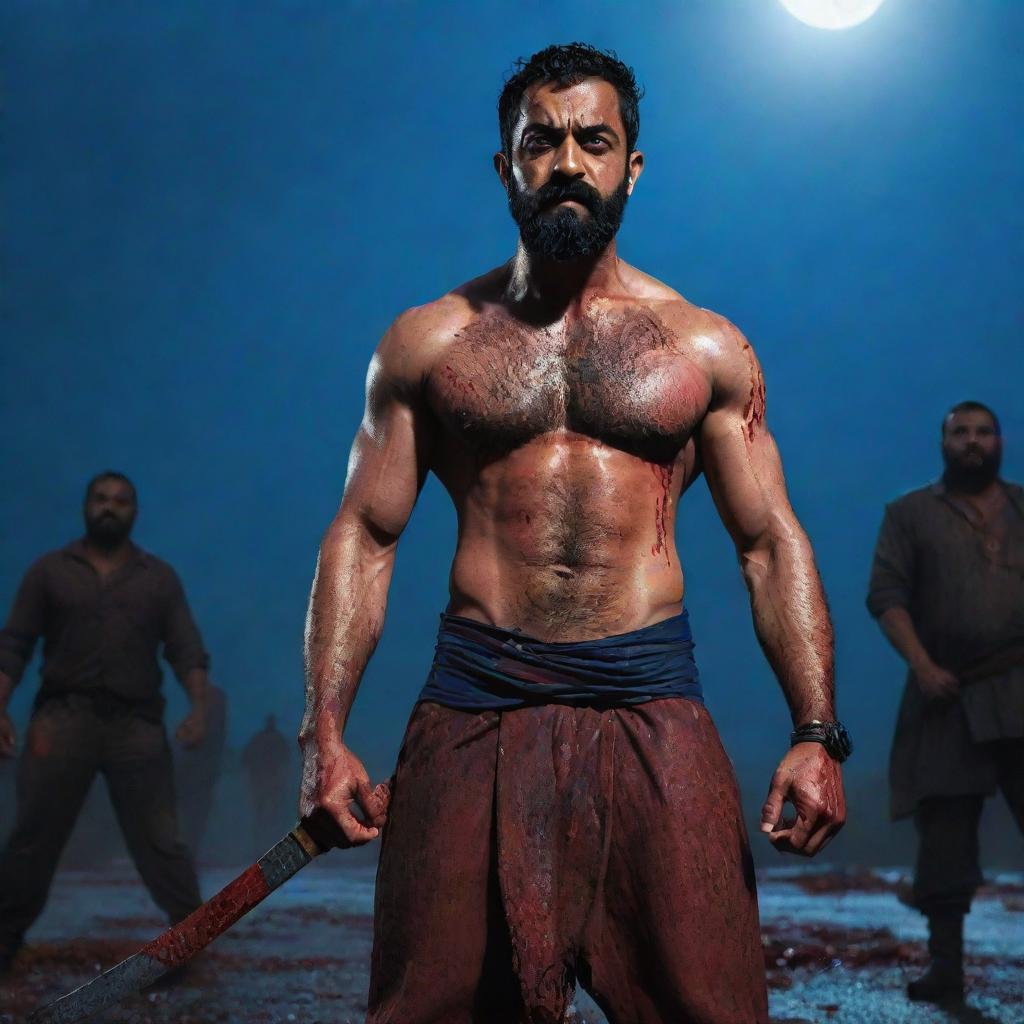 Wide-angle photograph of a muscular, veiny Jr NTR with an eight-pack, serious expression, full beard, soaked in blood, standing on a footpath strewn with dead enemies. He wields two large katanas with a thunderous dark blue sky illuminating the bloody confrontation and a large moon overhead.