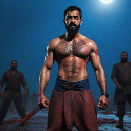 Wide-angle photograph of a muscular, veiny Jr NTR with an eight-pack, serious expression, full beard, soaked in blood, standing on a footpath strewn with dead enemies. He wields two large katanas with a thunderous dark blue sky illuminating the bloody confrontation and a large moon overhead.