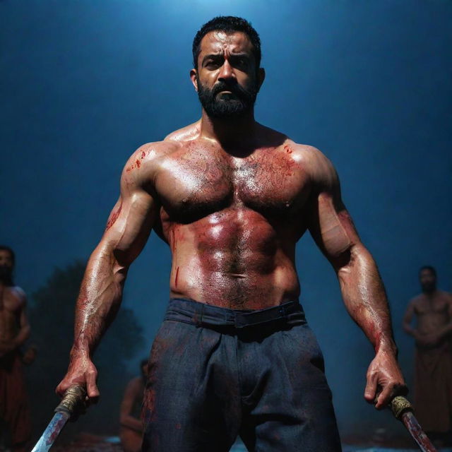 Wide-angle photograph of a muscular, veiny Jr NTR with an eight-pack, serious expression, full beard, soaked in blood, standing on a footpath strewn with dead enemies. He wields two large katanas with a thunderous dark blue sky illuminating the bloody confrontation and a large moon overhead.