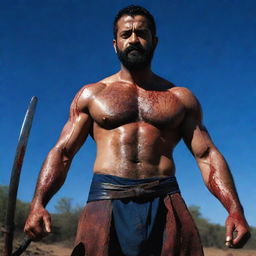 Wide-angle photograph of a muscular, veiny Jr NTR with an eight-pack, serious expression, full beard, soaked in blood, standing on a footpath strewn with dead enemies. He wields two large katanas with a thunderous dark blue sky illuminating the bloody confrontation and a large moon overhead.