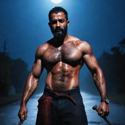 Wide-angle photograph of a muscular, veiny Jr NTR with an eight-pack, serious expression, full beard, soaked in blood, standing on a footpath strewn with dead enemies. He wields two large katanas with a thunderous dark blue sky illuminating the bloody confrontation and a large moon overhead.