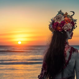 Back view of a zombie adorned in a floral headpiece, observing a sunset on a serene beach.