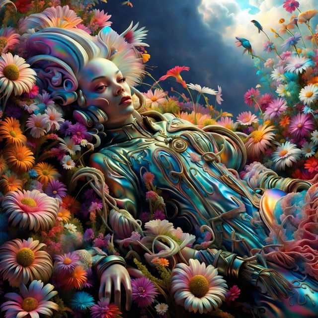 Hyper-realistic digital art of an alien in Rococo attire reclining in a vibrant alien meadow.