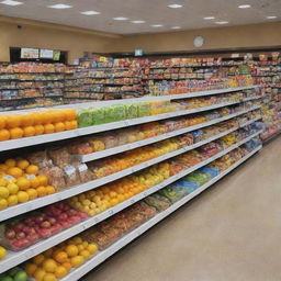 A vibrant display of healthy children's food products occupying stands in a bustling shopping center