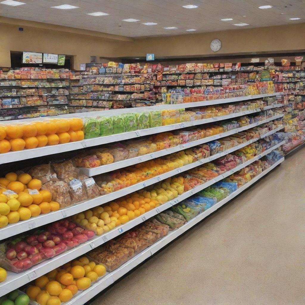 A vibrant display of healthy children's food products occupying stands in a bustling shopping center
