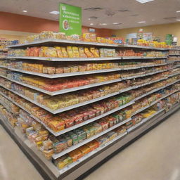 A vibrant display of healthy children's food products occupying stands in a bustling shopping center