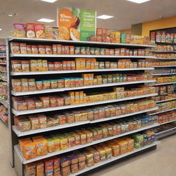 A vibrant display of healthy children's food products occupying stands in a bustling shopping center