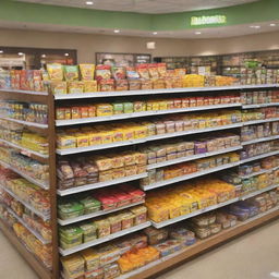 A vibrant display of healthy children's food products occupying stands in a bustling shopping center