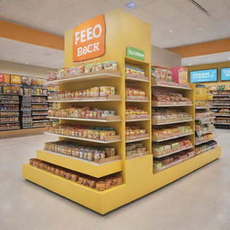 A vibrant, creative display stand in a bustling shopping center, showcasing a range of attractively packaged, healthy children's food products.