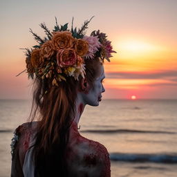 Back view of a zombie adorned in a floral headpiece, observing a sunset on a serene beach.