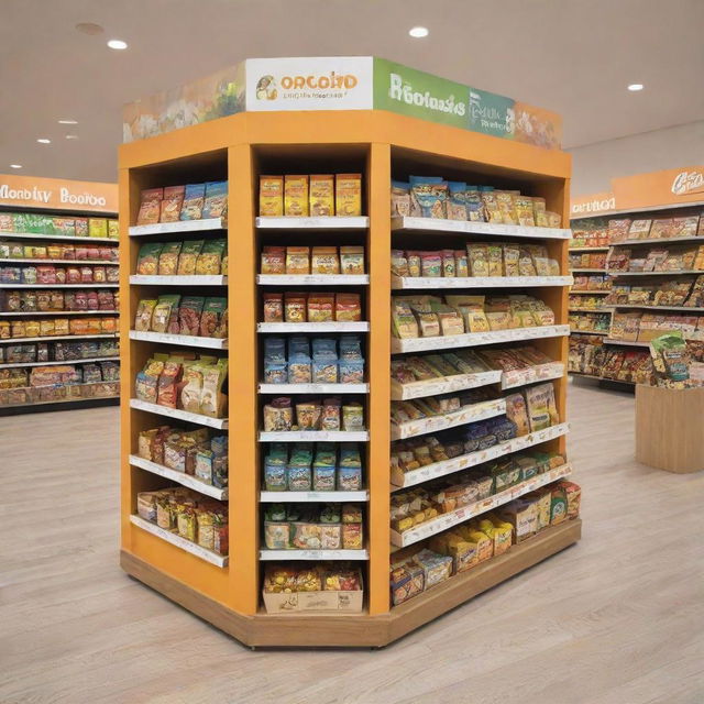 A vibrant, creative display stand in a bustling shopping center, showcasing a range of attractively packaged, healthy children's food products.