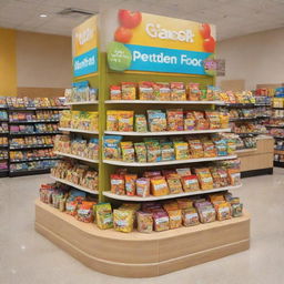 A vibrant, creative display stand in a bustling shopping center, showcasing a range of attractively packaged, healthy children's food products.