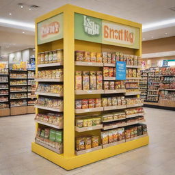 A vibrant, creative display stand in a bustling shopping center, showcasing a range of attractively packaged, healthy children's food products.