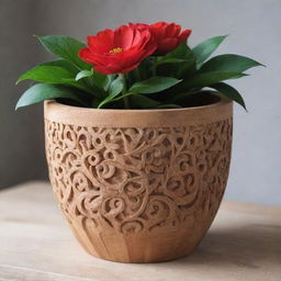 An aesthetically pleasing flower pot made from intricate wood craftsmanship