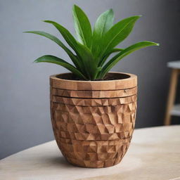 An aesthetically pleasing flower pot made from intricate wood craftsmanship