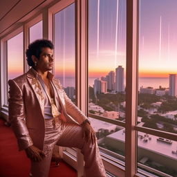 A suave Cuban man in 1980s attire situated in an opulent Miami penthouse with a breathtaking view of the city