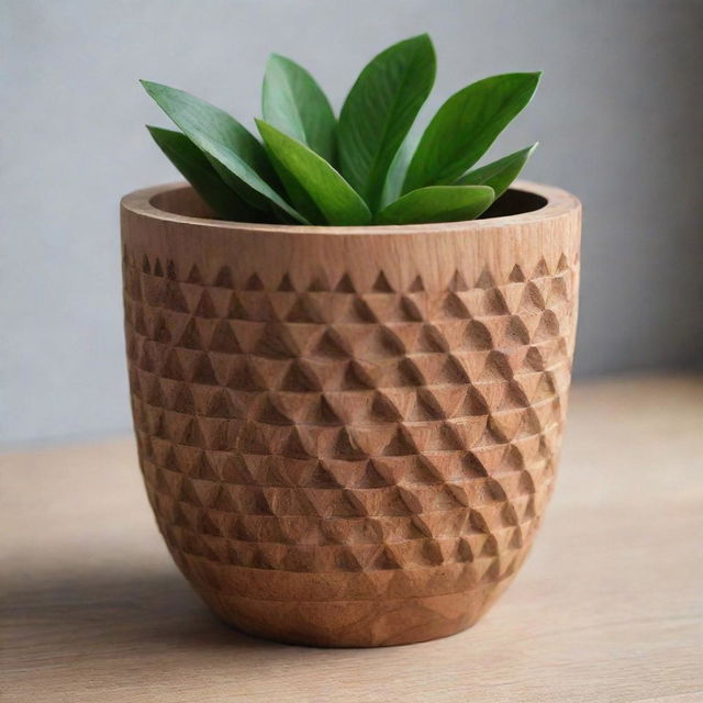 An aesthetically pleasing flower pot made from intricate wood craftsmanship