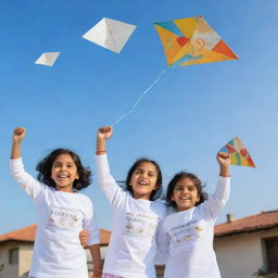 Generate a 3D image of three friends, Dr Sneha, Dr Sharad, and a cute little girl named Ishani, all wearing white jerseys with their names inscribed, jubilantly flying kites on a roof with 'Happy Makarsankranti 2024' whimsically etched in the sky.