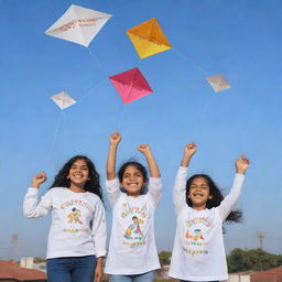 Generate a 3D image of three friends, Dr Sneha, Dr Sharad, and a cute little girl named Ishani, all wearing white jerseys with their names inscribed, jubilantly flying kites on a roof with 'Happy Makarsankranti 2024' whimsically etched in the sky.