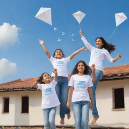 Generate a 3D image of three friends, Dr Sneha, Dr Sharad, and a cute little girl named Ishani, all wearing white jerseys with their names inscribed, jubilantly flying kites on a roof with 'Happy Makarsankranti 2024' whimsically etched in the sky.